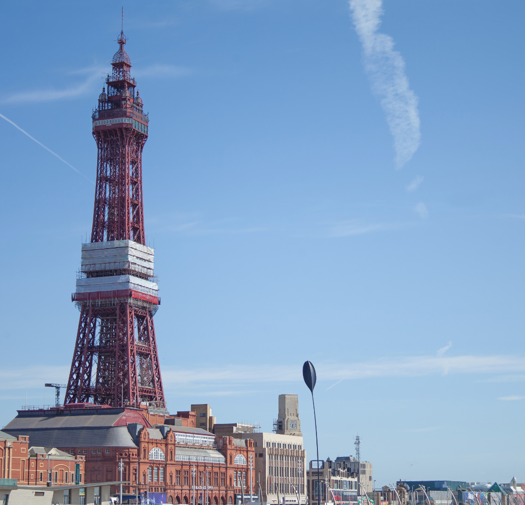 A photo of Blackpool, focused on the Blackpool Tower as the main landmark.
